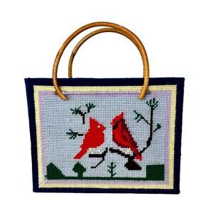 Vintage 1970s Needlepoint Purse Cardinals Bird Wood Handles Retro Tote Bag
